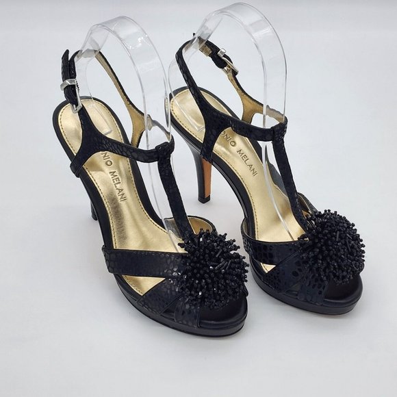 ANTONIO MELANI Shoes - Antonio Melani Alleara Black Ankle Strap Heels Beaded Embossed Size 6